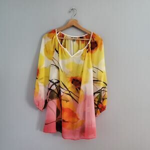 JM Collection Colorful Sheer Bling Floral Pullover  Blouse Top L